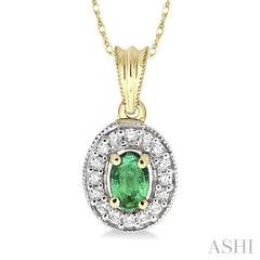 6x4 MM Oval Cut Emerald and 1/5 Ctw Round Cut Diamond Pendant in 14K Yellow Gold with Chain