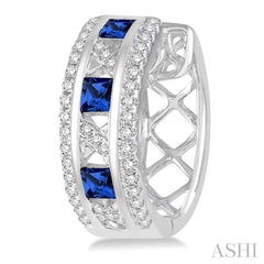 2.4x2.4 MM Princess Cut Sapphire and 1/3 Ctw Round Cut Diamond Precious Earrings in 14K White Gold