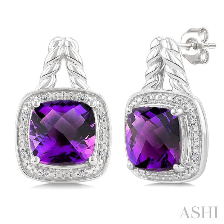 8 MM Cushion Shape Amethyst and 1/20 Ctw Single Cut Diamond Semi-Precious Earrings in Sterling Silver