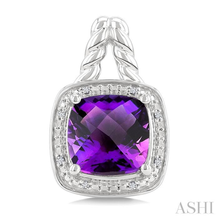 8 MM Cushion Shape Amethyst and 1/20 Ctw Single Cut Diamond Semi-Precious Earrings in Sterling Silver