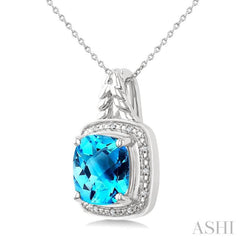 10 MM Cushion Shape Blue Topaz and 1/20 Ctw Single Cut Diamond Semi-precious Pendant With Chain in Sterling Silver