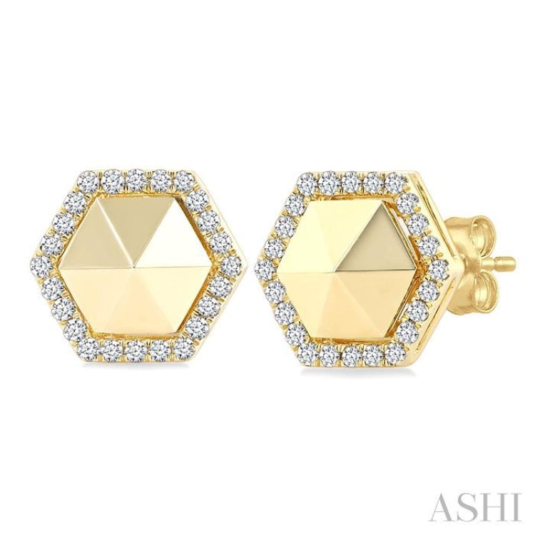 1/4 Ctw Petite Hexagon Single Cut Diamond Halo Fashion Stud Earrings in 14K Yellow Gold
