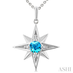 5 MM Round Cut Blue Topaz and 1/20 Ctw Round Cut Diamond Semi-Precious Fashion Pendant With Chain in Sterling Silver