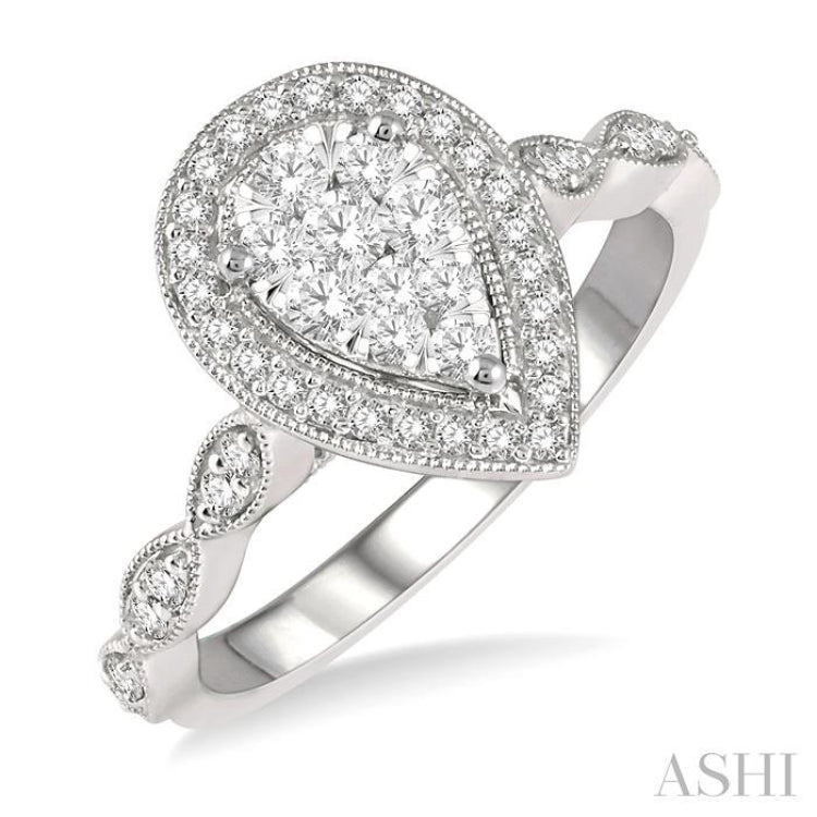 1/2 Ctw Pear Shape Mount Marquise Shank Lovebright Round Cut Diamond Ring in 14K White Gold