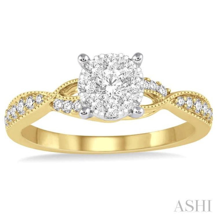 1/2 Ctw Round Cut Diamond Lovebright Engagement Ring in 14K Yellow and White Gold