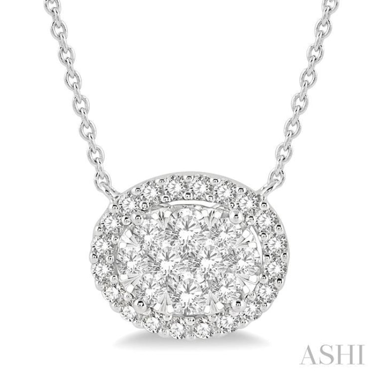 3/4 Ctw Oval Shape Round Cut Diamond Lovebright Pendant With Chain in 14K White Gold