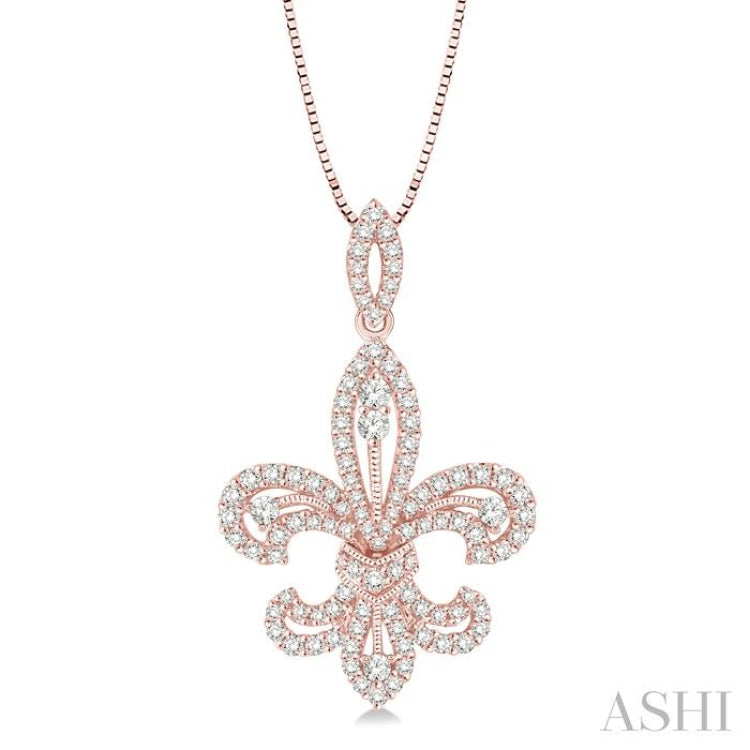 7/8 Ctw Round Cut Diamond Fleur De Lis Diamond Pendant in 14K Rose Gold with Chain