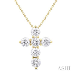 2 Ctw Round Cut Diamond Christian Cross 6-Stone Fashion Pendant With Chain in 14K Yellow Gold