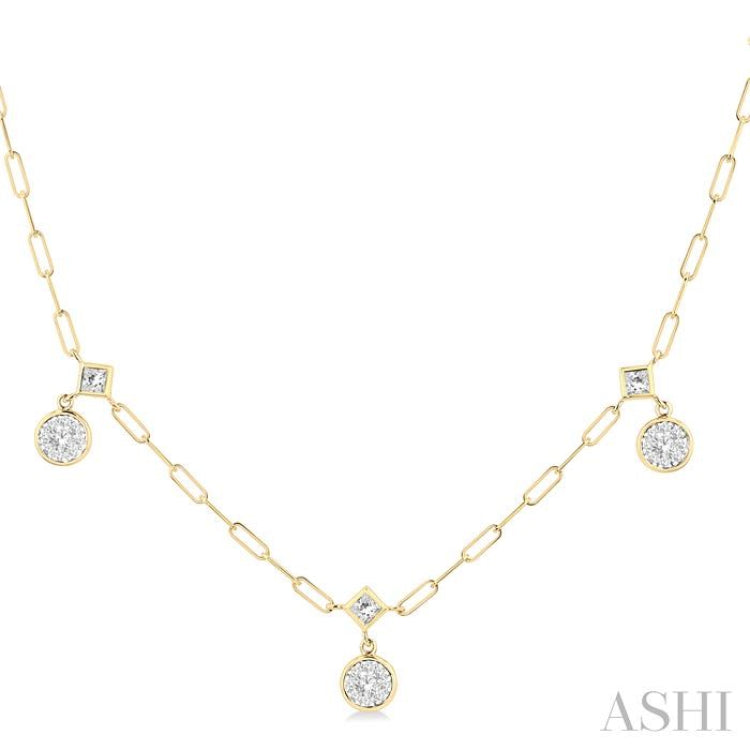 7/8 Ctw Lovebright Princess and Round Cut Diamond Paperclip Station Necklace in 14K Yellow and White Gold