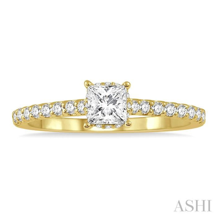 1/5 Ctw Princess Shape Round Cut Diamond Semi-Mount Engagement Ring in 14K Yellow Gold