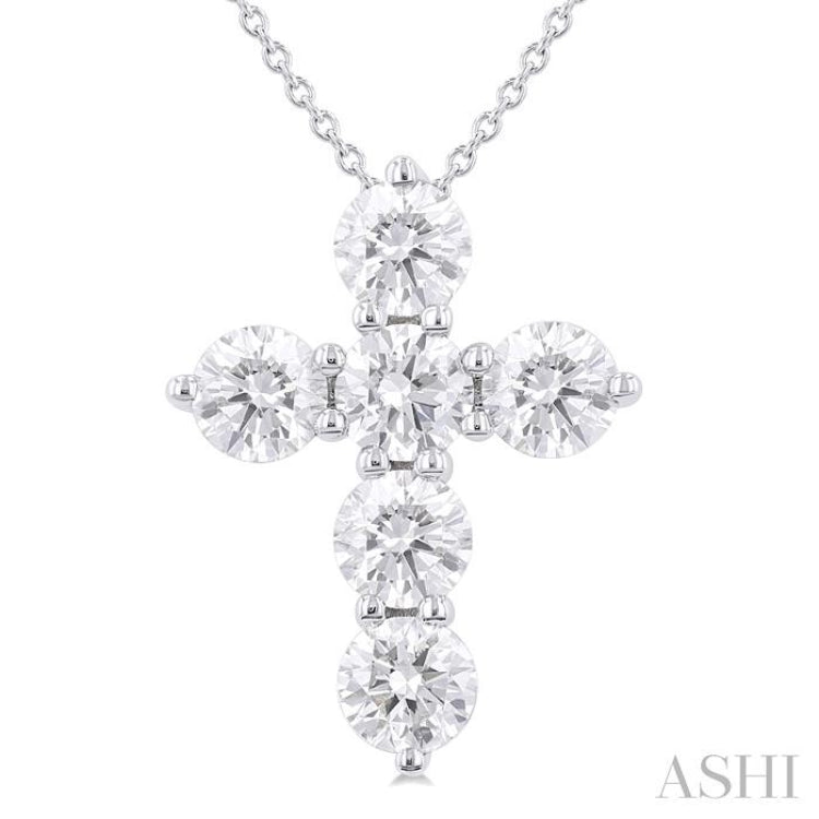 2 Ctw Round Cut Diamond Christian Cross 6-Stone Fashion Pendant With Chain in 14K White Gold