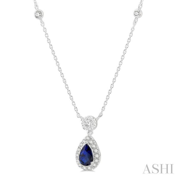 6x4 MM Pear Cut Sapphire and 1/3 Ctw Round Cut Diamond Lovebright Precious Necklace in 14K White Gold