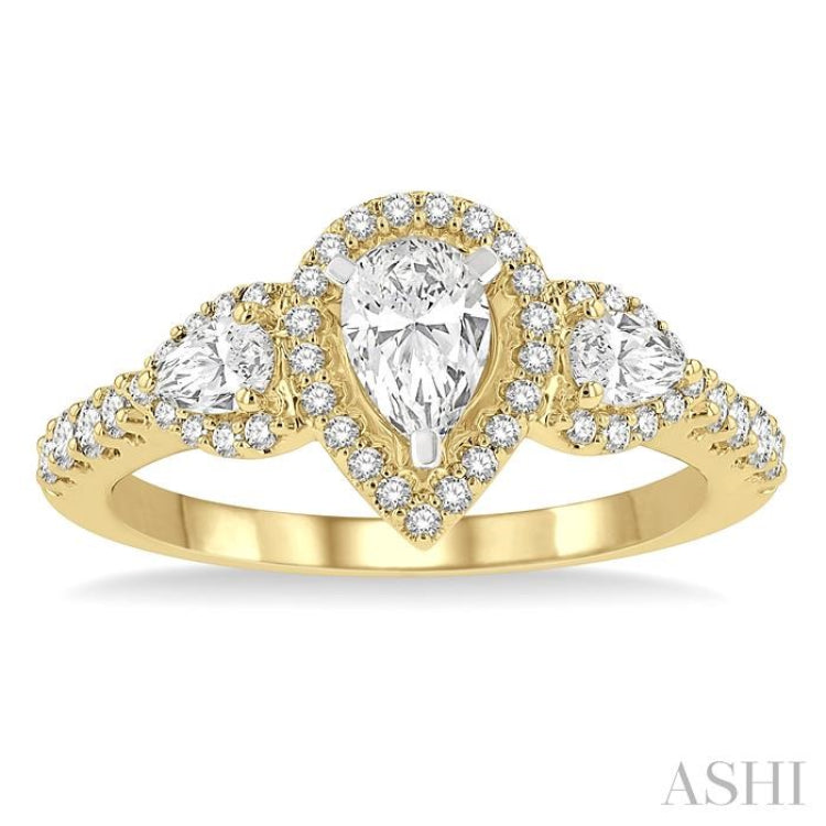 5/8 Ctw Pear Shape Past, Present & Future Round Cut Diamond Semi-Mount Engagement Ring in 14K Yellow and White Gold