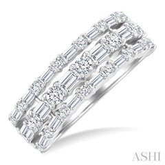 1 1/2 Ctw Triple Row Emerald, Baguette and Round Cut Diamond Fashion Band in 14K White Gold