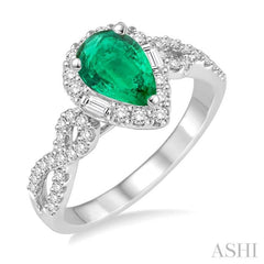 7x5 MM Pear Shape Emerald and 1/2 Ctw Diamond Precious Ring in 14K White Gold