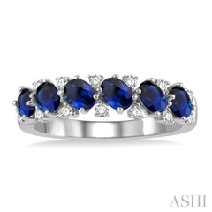 4x3 MM Oval Shape Sapphire and 1/5 Ctw Round Cut Diamond Precious Band in 14K White Gold