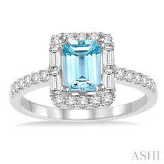 7x5 MM Emerald Cut Aquamarine and 1/2 Ctw Diamond Semi-Precious Ring in 14K White Gold