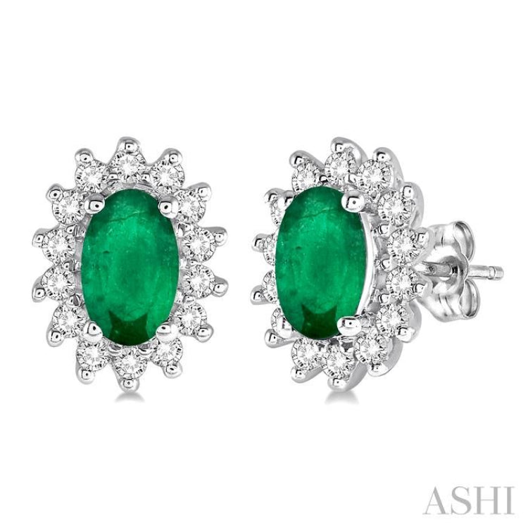 5x3 MM Oval Cut Center Emerald and 1/5 Ctw Round Cut Diamond Sunflower Precious Earrings in 10K White Gold