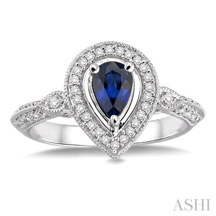 6x4 MM Pear Shape Sapphire and 1/6 Ctw Round Cut Diamond Ring in 14K White Gold
