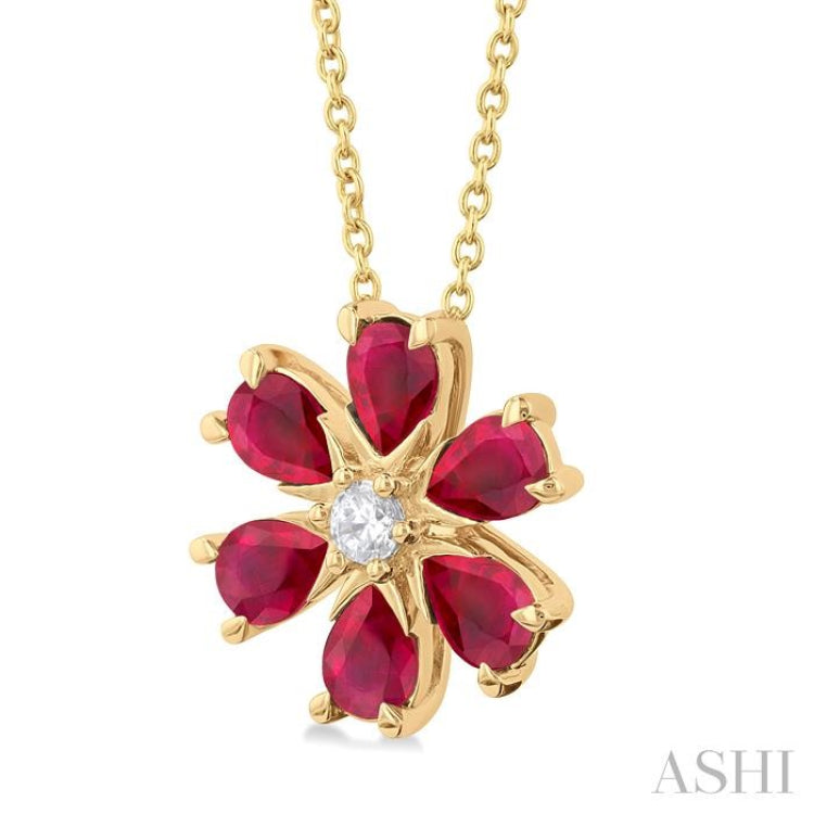 4X3 MM Floral Blossom Pear Cut Ruby and 1/20 Ctw Round Cut Diamond Precious Pendant With Chain in 14K Yellow Gold