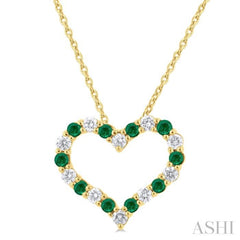 1.80 MM Round Cut Emerald and 1/4 Ctw Open Heart Round Cut Diamond Precious Fashion Pendant With Chain in 14K Yellow Gold