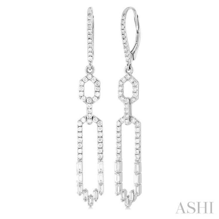 1 1/5 Ctw Paperclip Baguette and Single Cut Diamond Long Fashion Earrings in 14K White Gold