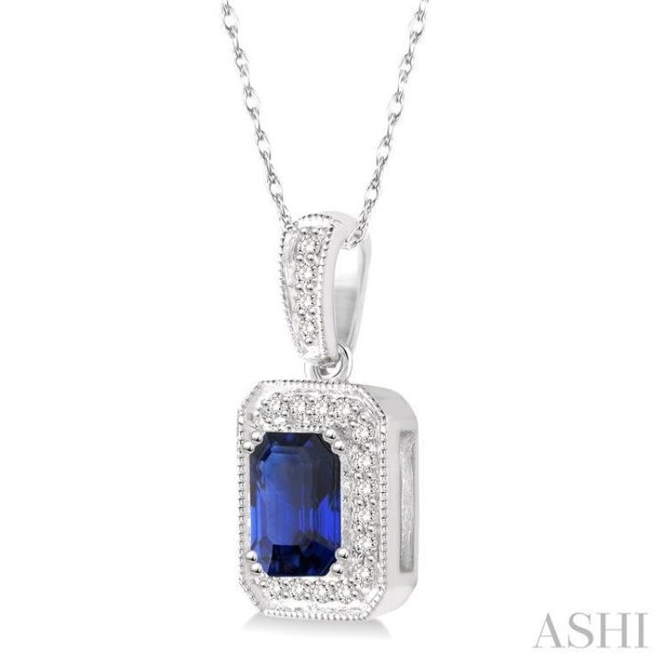 6x4 MM Emerald Shape Sapphire and 1/5 Ctw Round Cut Diamond Pendant in 14K White Gold with Chain