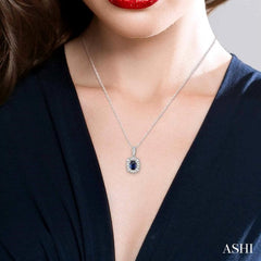 6x4 MM Emerald Shape Sapphire and 1/5 Ctw Round Cut Diamond Pendant in 14K White Gold with Chain