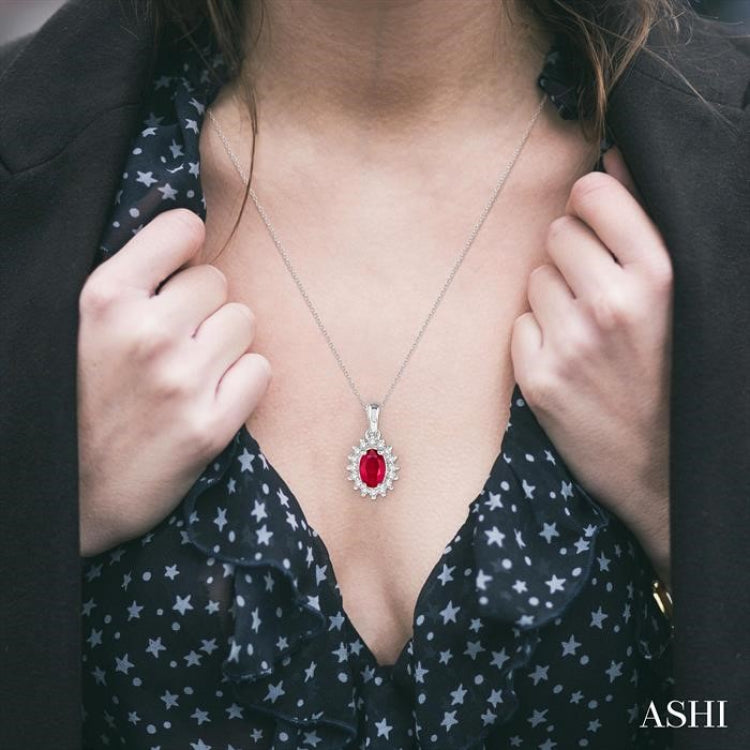 6x4 MM Oval Cut Ruby and 1/8 Ctw Round Cut Diamond Center Sunflower Precious Pendant in 10K White Gold with chain