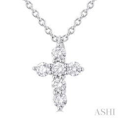 1/6 Ctw Round Cut Diamond Christian Cross 6-Stone Fashion Pendant With Chain in 14K White Gold