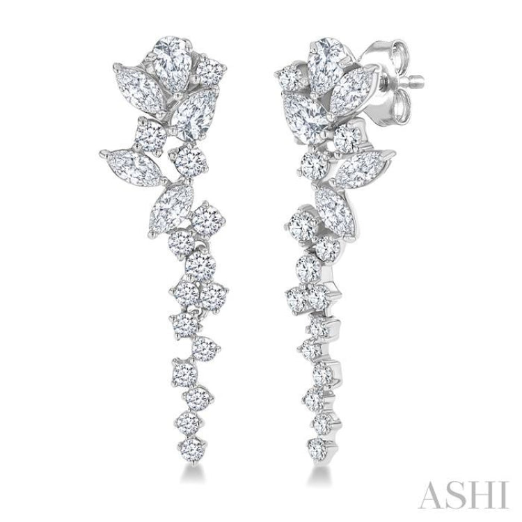 1 Ctw Mixed Shape Diamond Scatter Fashion Long Earring in 14K White Gold