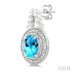 8X6 MM Cushion Shape Blue Topaz and 1/20 Ctw Single Cut Diamond Semi-Precious Earrings in Sterling Silver