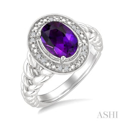 9x7 MM Oval Shape Amethyst and 1/20 Ctw Single Cut Diamond Semi-precious Ring in Sterling Silver