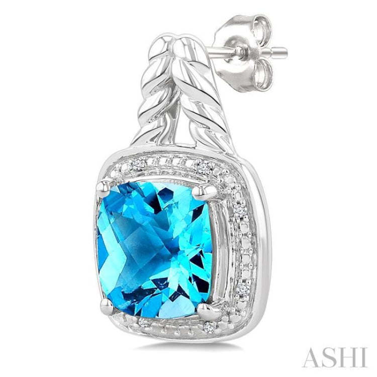 8 MM Cushion Shape Blue Topaz and 1/20 Ctw Single Cut Diamond Semi-Precious Earrings in Sterling Silver