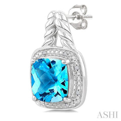 8 MM Cushion Shape Blue Topaz and 1/20 Ctw Single Cut Diamond Semi-Precious Earrings in Sterling Silver