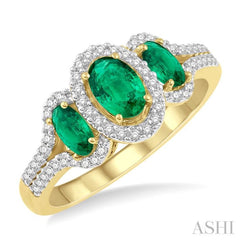 6x4 MM & 5x3 MM Triple Oval Shape Emerald and 1/5 Ctw Round Cut Diamond Precious Ring in 10K Yellow Gold