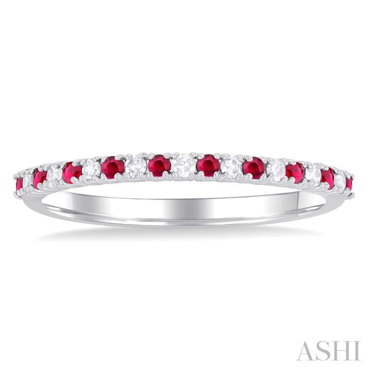 1.35 MM Round Shape Ruby and 1/10 Ctw Petite Round Cut Diamond Precious Stack Band in 10K White Gold