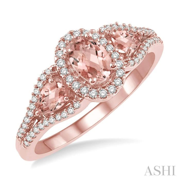 6x4 MM Oval Cut and 5x3 MM Pear Cut Morganite and 1/5 Ctw Round Diamond Semi-Precious Ring in 10K Rose Gold