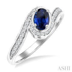 6X4 MM Sapphire Oval Cut and 1/4 Ctw Bypass Round Cut Diamond Precious Ring in 10K White Gold