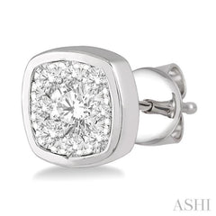 3/4 Ctw Cushion Shape Round Cut Diamond Lovebright Bezel Stud Earring in 14K White Gold