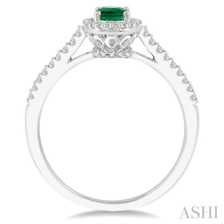 6x4 MM Oval Shape Emerald and 1/5 Ctw Round Cut Diamond Precious Ring in 10K White Gold
