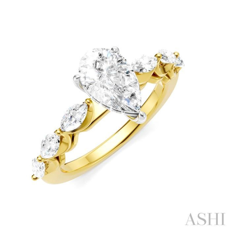 5/8 Ctw Pear Shape Marquise and Round Cut Diamond Semi-Mount Engagement Ring in 14K Yellow and White Gold