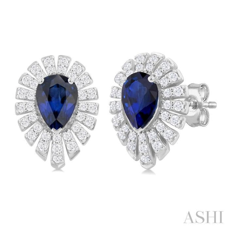 5X3 MM Pear Cut Sapphire and 1/3 Ctw Starburst Round Cut Diamond Precious Stud Earrings in 14K White Gold