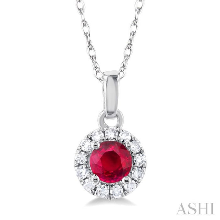 3.25 MM Round Ruby and 1/20 Ctw Single Cut Diamond Halo Precious Pendant with Chain in 10K White Gold