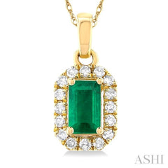 5x3 MM Octagonal Shape Emerald and 1/20 Ctw Single Cut Diamond Halo Precious Pendant with Chain in 10K Yellow Gold