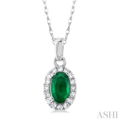 5x3 MM Oval Shape Emerald and 1/20 Ctw Single Cut Diamond Halo Precious Pendant with Chain in 10K White Gold