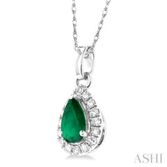 5x3 MM Pear Shape Emerald and 1/20 Ctw Single Cut Diamond Halo Precious Pendant with Chain in 10K White Gold