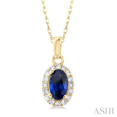 5x3 MM Oval Shape Sapphire and 1/20 Ctw Single Cut Diamond Halo Precious Pendant with Chain in 10K Yellow Gold