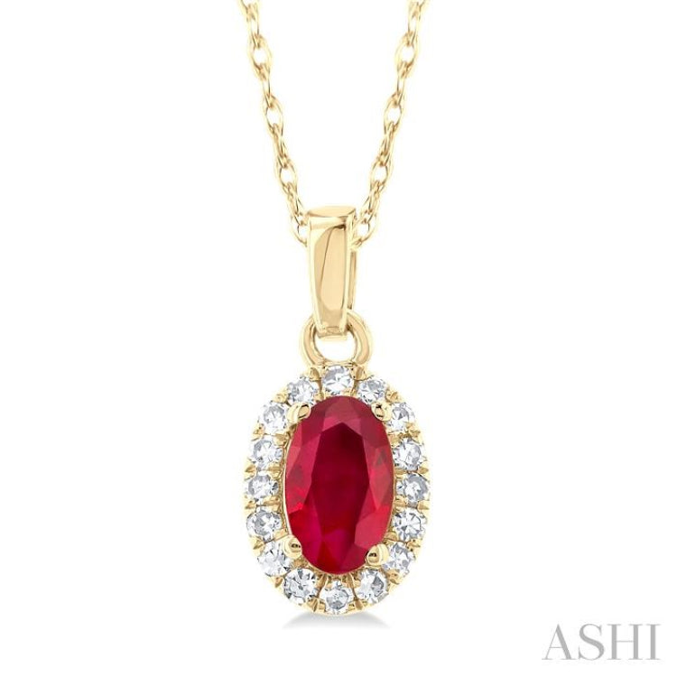 5x3 MM Oval Shape Ruby and 1/20 Ctw Single Cut Diamond Halo Precious Pendant with Chain in 10K Yellow Gold