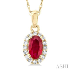5x3 MM Oval Shape Ruby and 1/20 Ctw Single Cut Diamond Halo Precious Pendant with Chain in 10K Yellow Gold